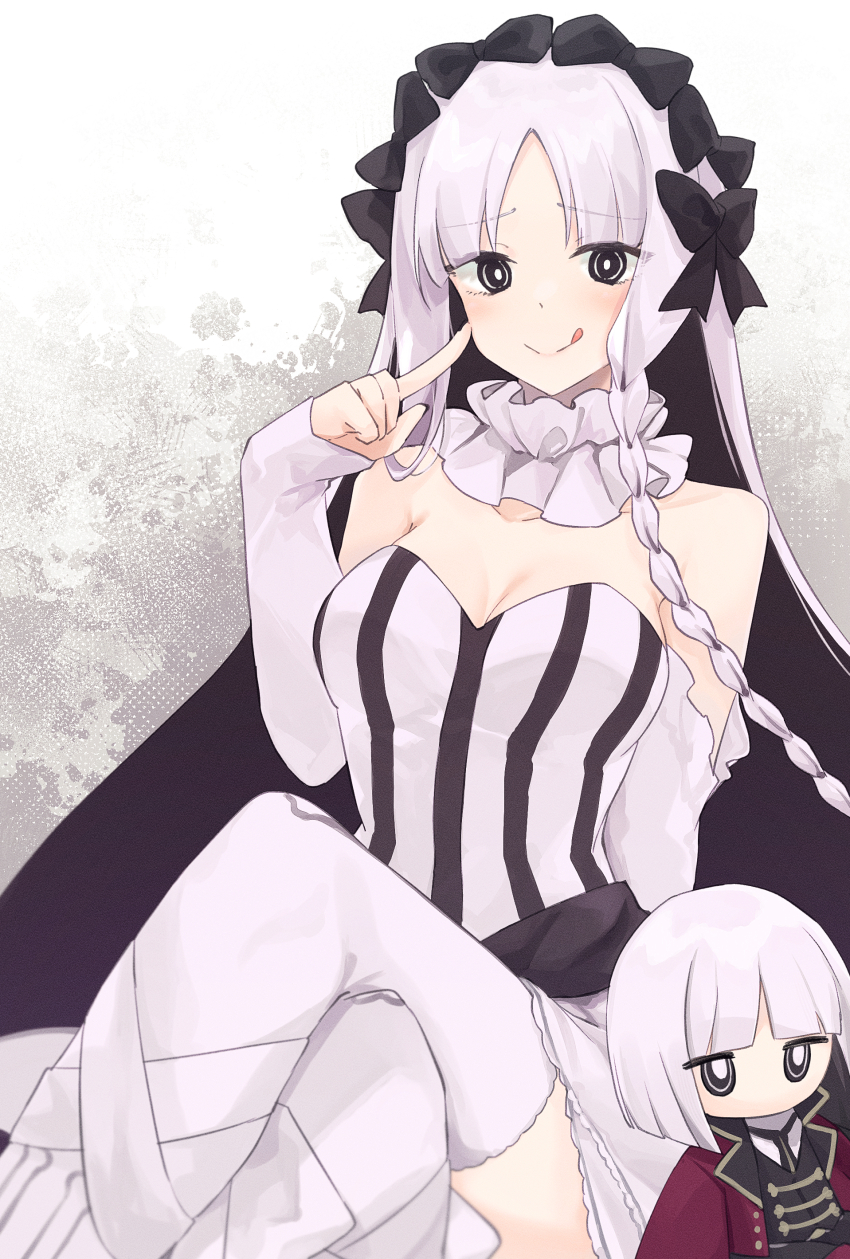 1girl :q absurdres black_bow black_eyes black_hair bow breasts character_doll cleavage colored_inner_hair commentary_request crossed_legs detached_sleeves doll dress fate/strange_fake fate_(series) francesca_prelati_(fate) francois_prelati_(fate) hair_bow highres index_finger_raised kotake_8 long_hair looking_at_viewer medium_breasts multicolored_hair pantyhose sleeves_past_wrists smile solo striped_clothes striped_dress tongue tongue_out two-tone_hair vertical-striped_clothes vertical-striped_dress white_pantyhose
