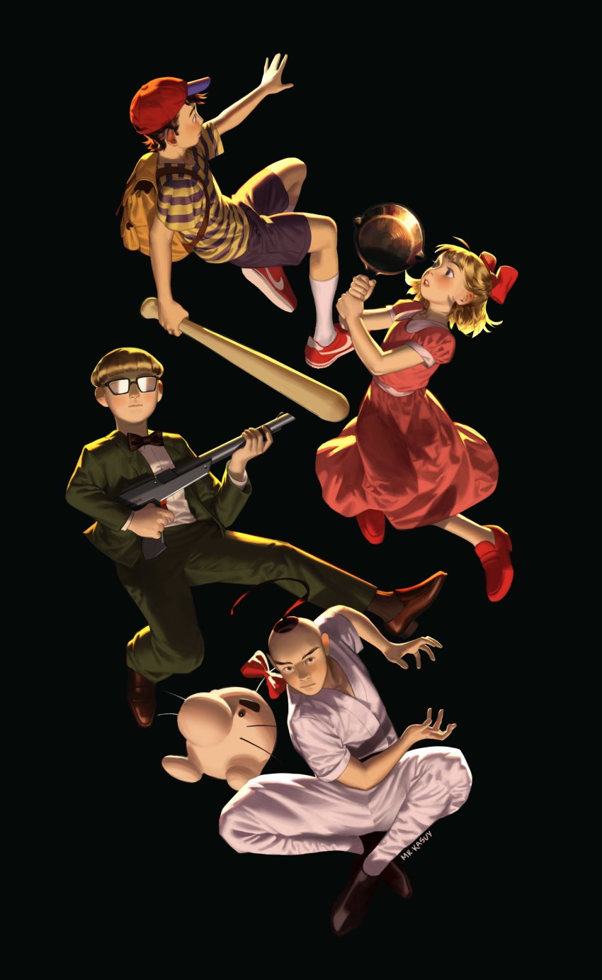 1girl 1other 3boys absurdres baseball_bat baseball_cap black_background black_hair blonde_hair bow bowtie doseisan dress gun hair_bow hat highres holding holding_baseball_bat jeff_andonuts mother_(series) mother_2 mr_kasuy multiple_boys ness_(mother_2) nintendo paula_(mother_2) pink_dress poo_(mother_2) shirt striped_clothes striped_shirt unfinished weapon