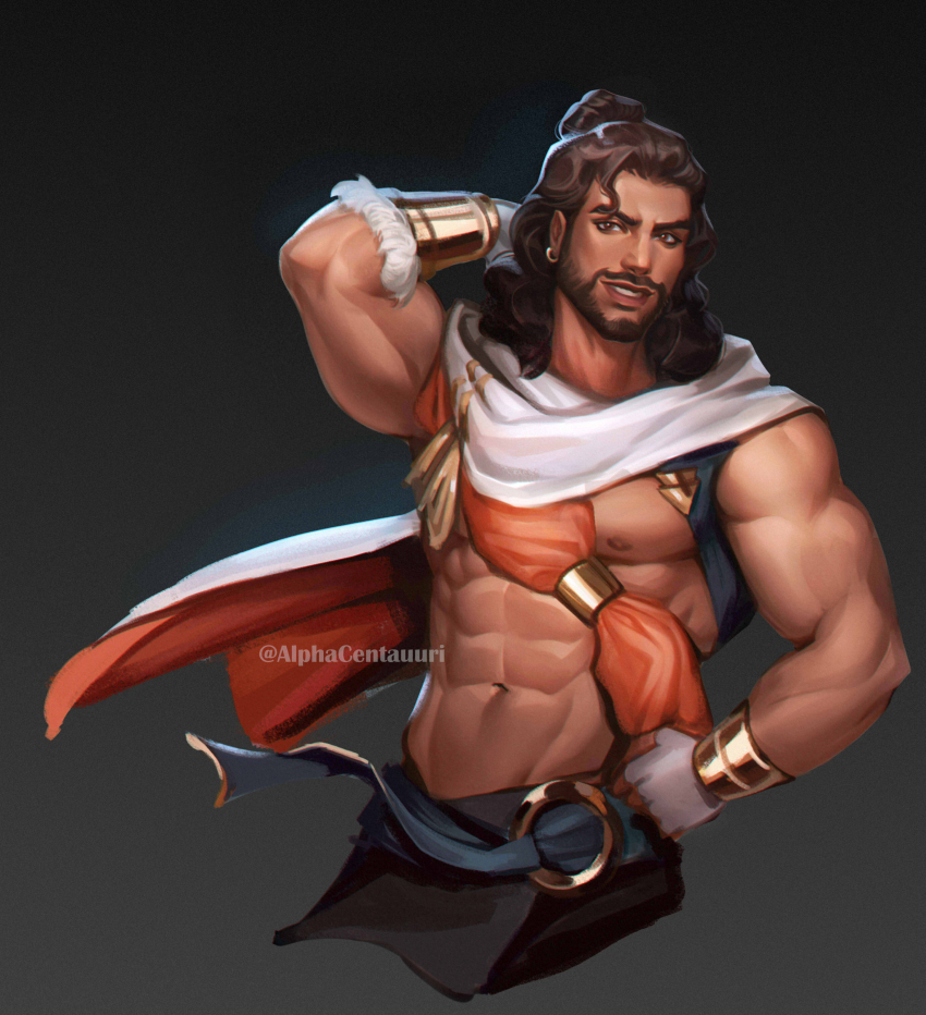 1boy abs absurdres akshan_(league_of_legends) alphacentauuri aqua_sash arm_behind_head arm_up bara beard brown_eyes brown_hair cape cropped_legs dark-skinned_male dark_skin facial_hair gradient_background grin hand_on_own_hip highres large_pectorals league_of_legends leather long_hair male_focus muscular muscular_male o-ring orange_cape orange_sash parted_lips pectorals sash scarf simple_background smile solo topless_male twitter_username vambraces waist_sash white_scarf