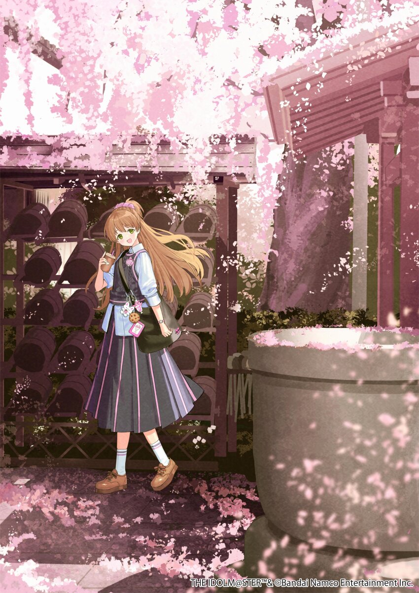 1girl :d absurdres black_bag black_skirt brown_hair brown_shoes cherry_blossoms collared_shirt commentary_request copyright_name copyright_notice cup day disposable_cup fragments_of_the_idolmaster_cinderella_girls full_body green_eyes highres holding holding_cup idolmaster idolmaster_cinderella_girls long_hair looking_at_viewer makihara_shiho nana_tetra official_art open_mouth outdoors petals pleated_skirt ponytail real_world_location shirt shoes skirt smile socks solo spring_(season) standing sweater_vest tree well white_shirt white_socks