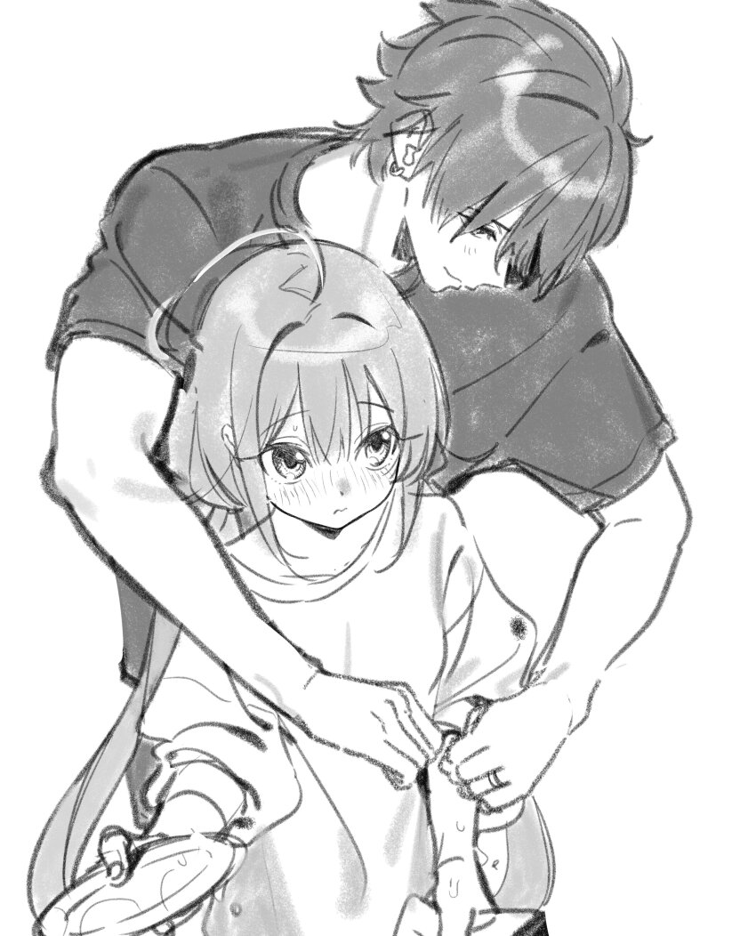 1boy 1girl absurdres adjusting_sleeves blush couple embarrassed greyscale hetero highres kise_itsuki momo_(kise_itsuki) monochrome original sketch smile