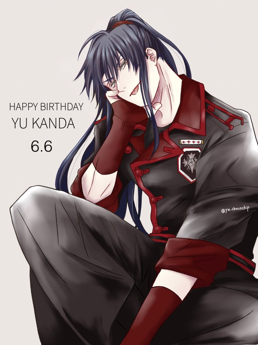 1boy badge belt birthday black_coat black_order_uniform black_shirt blue_eyes blue_hair closed_mouth coat collared_coat cross d.gray-man elbow_on_thigh fingerless_gloves frown gloves grey_background hair_between_eyes hair_ribbon hand_on_own_cheek hand_on_own_face happy_birthday head_tilt high_ponytail highres indian_style kanda_yuu long_coat long_hair looking_at_viewer male_focus military military_uniform ponytail red_gloves red_ribbon red_stripes ribbon shirt sidelocks signature simple_background sitting solo striped_clothes striped_coat tongue tongue_out vertical-striped_clothes yu_chocochip