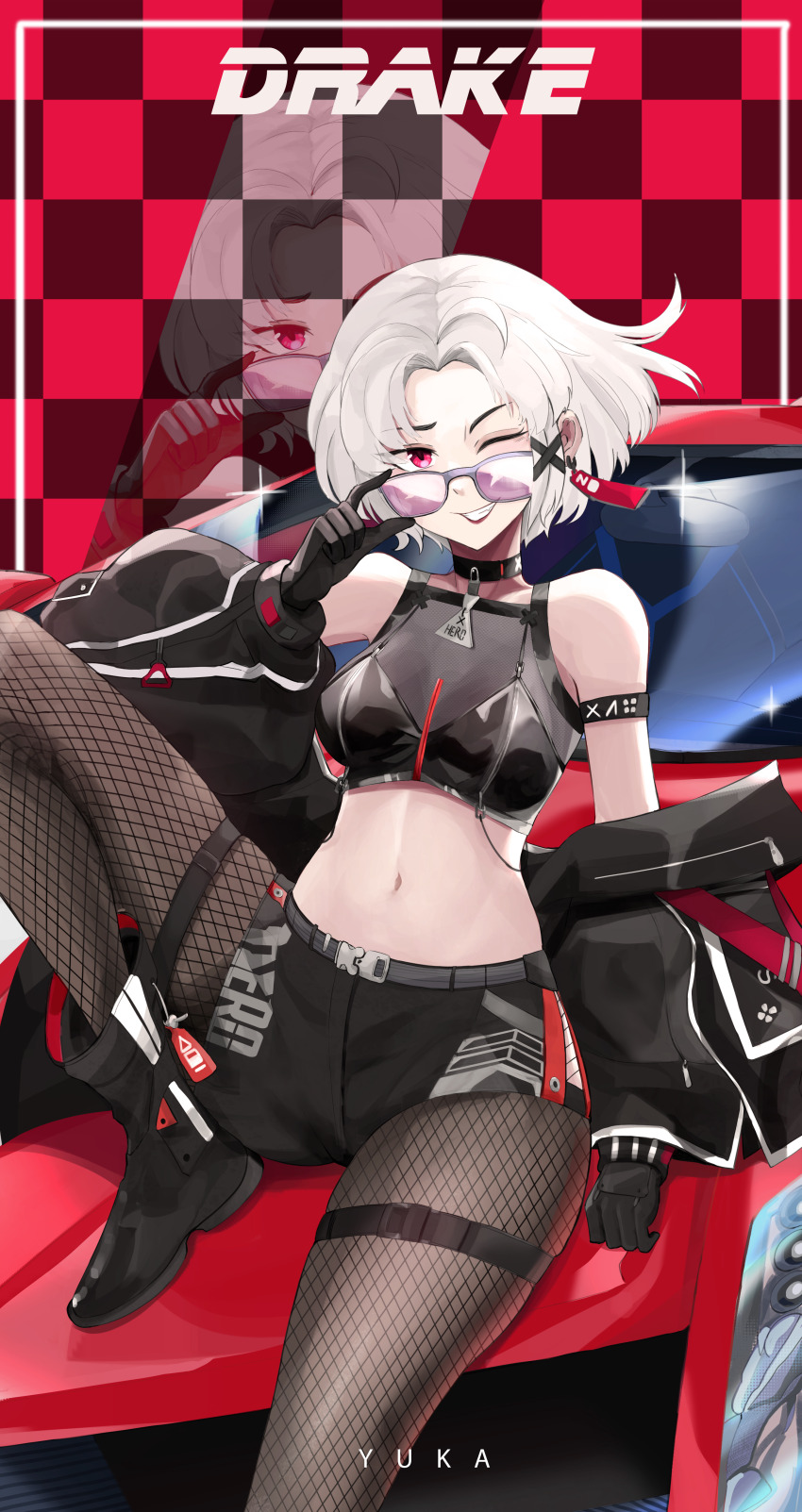 1girl absurdres adjusting_eyewear artist_name belt black_choker black_gloves black_jacket breasts car character_name choker cleavage cropped_shirt drake_(nikke) drake_(villain_racer)_(nikke) earrings ferrari fishnet_pantyhose fishnets gloves goddess_of_victory:_nikke grin hair_ornament hairclip hand_on_eyewear highres jacket jewelry knee_up looking_at_viewer looking_over_eyewear medium_breasts midriff motor_vehicle navel off_shoulder official_alternate_costume one_eye_closed open_clothes open_jacket pantyhose purple-tinted_eyewear red_eyes see-through_clothes see-through_cleavage short_hair sitting smile solo sports_car sunglasses thigh_strap tinted_eyewear white_hair yuka_1503 zoom_layer