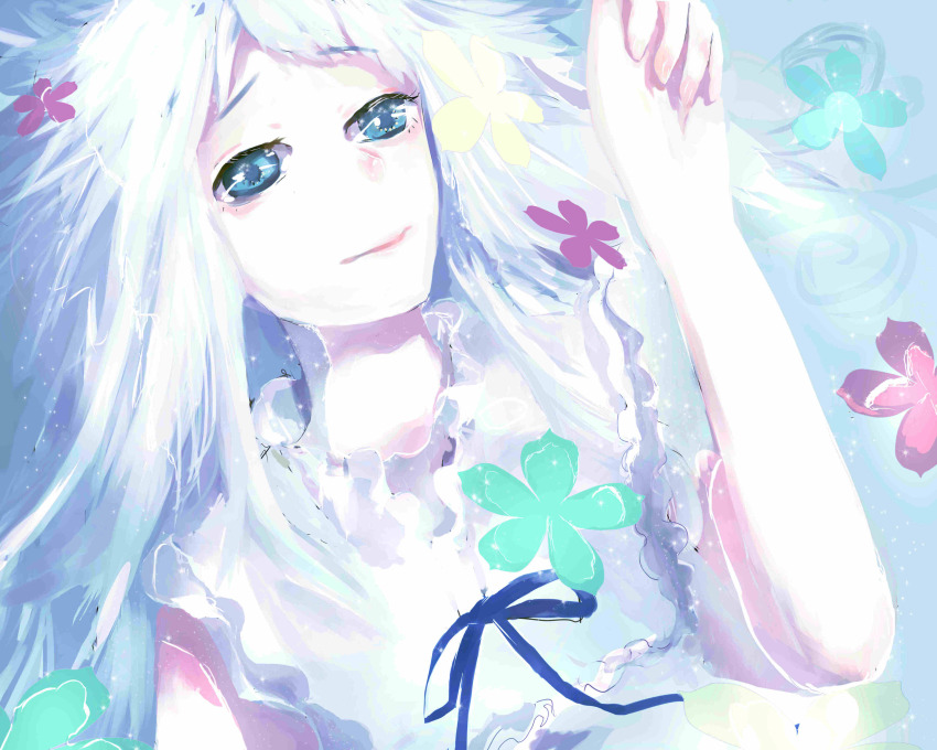 1girl absurdres ano_hi_mita_hana_no_namae_wo_bokutachi_wa_mada_shiranai. bad_bcy_id bad_id blue_background blue_eyes blue_flower blue_ribbon chinese_commentary closed_mouth commentary_request dress fingernails flower frilled_dress frills green_flower hair_flower hair_ornament hair_spread_out hand_up highres honma_meiko light_particles lips long_hair looking_at_viewer lying lying_on_water on_back pink_lips pink_nails red_flower ribbon sleeveless sleeveless_dress smile solo upper_body white_dress white_hair yellow_flower zongzili_de_daomihua