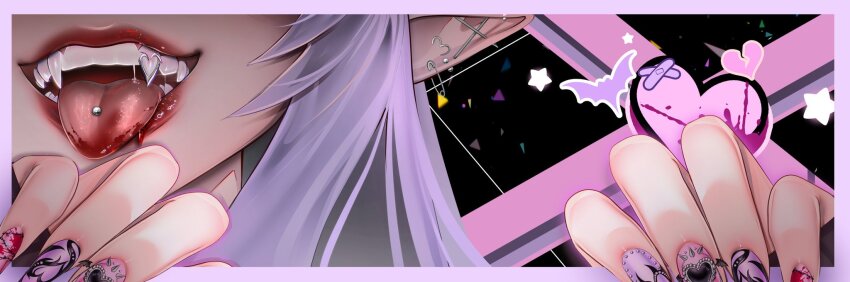 1girl barbell_piercing blood blood_from_mouth blood_on_tongue border commentary ear_piercing english_commentary eyes_out_of_frame facing_viewer fangs head_out_of_frame heart highres indie_virtual_youtuber industrial_piercing lipstick long_hair makeup multicolored_nails myuutew nail_polish open_mouth outside_border piercing pink_border pink_nails pointy_ears purple_hair purple_nails red_lips second-party_source smile solo sprinkle_hershy star_(symbol) teeth tongue tongue_out tongue_piercing virtual_youtuber