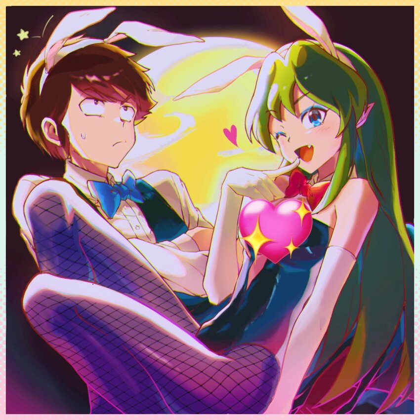 1boy 1girl animal_ear_hairband animal_ears bare_shoulders black_necktie black_vest blue_bow blue_bowtie blue_eyes blue_eyeshadow bow bowtie breasts brown_hair censored collared_shirt crossed_arms detached_collar elbow_gloves eyeshadow fake_animal_ears fang feet_out_of_frame finger_to_mouth fishnet_pantyhose fishnets frown full_moon furrowed_brow gloves green_hair hairband heart heart_censor highres leotard light_blush long_hair lum makeup medium_breasts moon moroboshi_ataru necktie open_mouth pantyhose playboy_bunny pointy_ears qrhara555 rabbit_ears red_bow red_bowtie shirt short_hair smile strapless strapless_leotard sweatdrop swept_bangs urusei_yatsura vest white_gloves white_shirt