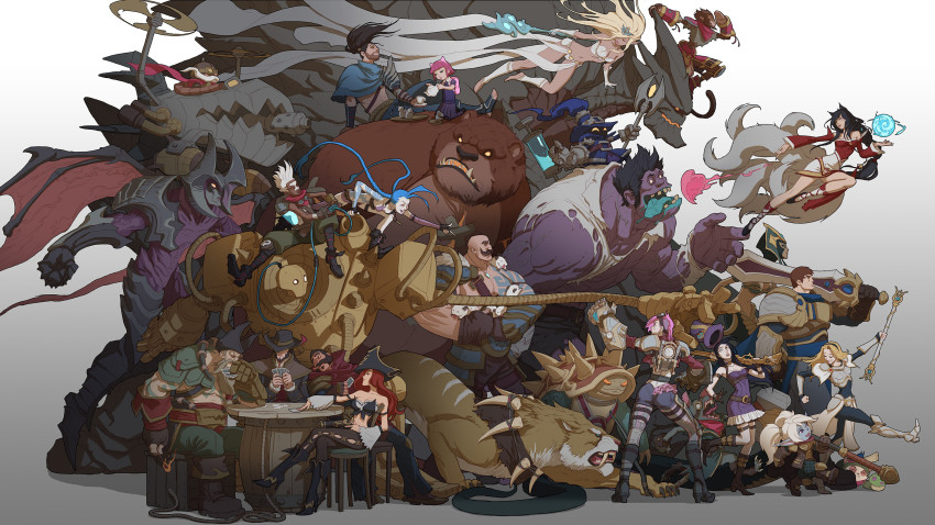 6+boys 6+girls aatrox ahri_(league_of_legends) aircraft animal_ears annie_(league_of_legends) armor ass bald barrel bear beard black_hair blitzcrank blonde_hair blue_hair braid braum_(league_of_legends) breasts brown_hair caitlyn_(league_of_legends) card cassiopeia_(league_of_legends) chair character_request child cigar colored_skin commentary corki crate cup dark-skinned_male dark_skin demon_wings dr._mundo ekko_(league_of_legends) english_commentary facial_hair fox_ears fox_tail gangplank_(league_of_legends) garen_(league_of_legends) gauntlets graves_(league_of_legends) gun hammer hat unworn_hat unworn_headwear heart highres holding holding_card holding_gun holding_hammer holding_staff holding_sword holding_wand holding_weapon janna_(league_of_legends) jason_chan jinx_(league_of_legends) kyuubi lamia large_breasts league_of_legends long_hair lux_(league_of_legends) machine_gun malphite mechanical_arms medium_breasts medium_hair miss_fortune_(league_of_legends) monkey_tail monster monster_girl multiple_boys multiple_girls multiple_tails muscular muscular_male mustache navel official_art orb pink_hair pirate_hat playing_card pointy_ears ponytail poppy_(league_of_legends) poro_(league_of_legends) propeller purple_skin rammus rifle robot rope sabretooth_tiger sharp_teeth short_hair shoulder_armor shoulder_tattoo sitting spiked_shell staff sword syringe table tail tattoo teacup teapot teeth tibbers tongue tongue_out torn_clothes twin_braids twisted_fate veigar veins very_long_hair vi_(league_of_legends) wand weapon white_hair wings wukong_(league_of_legends) yasuo_(league_of_legends) yellow_eyes yordle