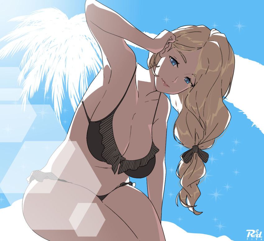 1girl armpits bikini black_bikini blonde_hair blue_eyes breasts cleavage day fire_emblem fire_emblem:_three_houses highres large_breasts long_hair looking_at_viewer low-tied_long_hair mercedes_von_martritz nintendo outdoors palm_tree r3dfive sitting solo sparkle swimsuit thighs tree