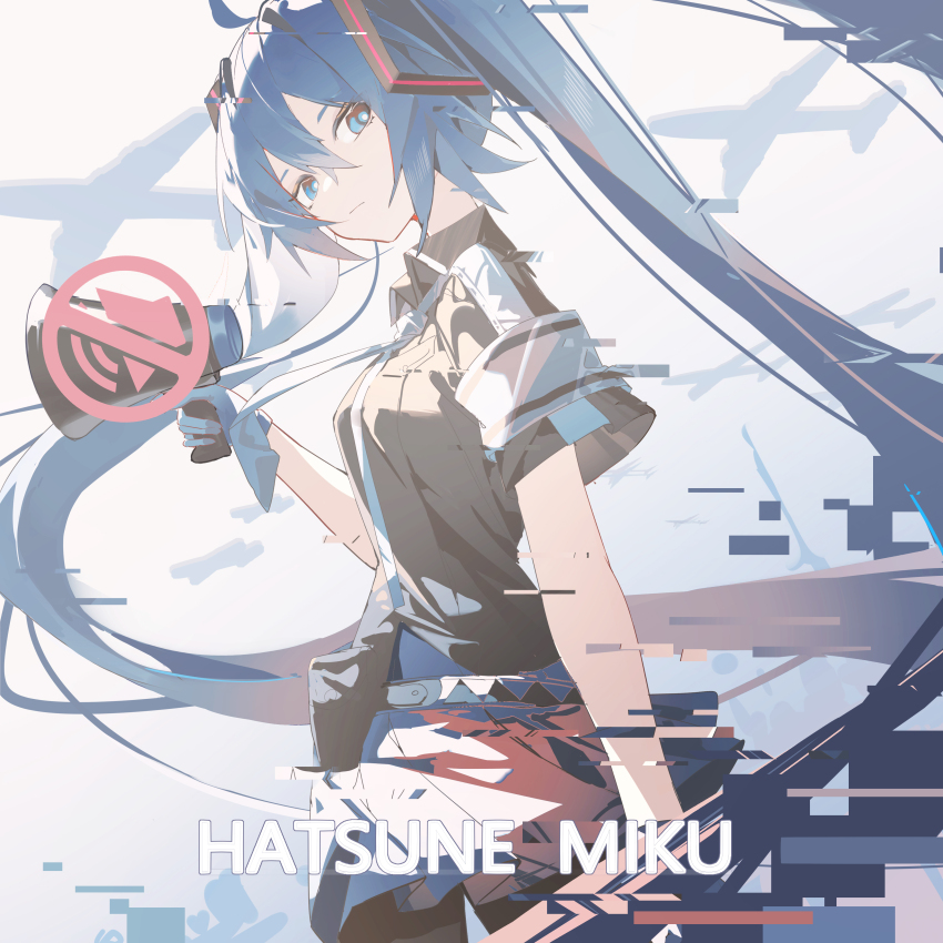 1girl absurdres ahoge black_shirt blue_eyes blue_hair character_name closed_mouth collared_shirt commentary glitch hair_between_eyes hatsune_miku highres holding holding_megaphone koi_wa_sensou_(vocaloid) long_hair looking_at_viewer megaphone no_symbol pleated_skirt qtian shirt skirt solo twintails very_long_hair vocaloid