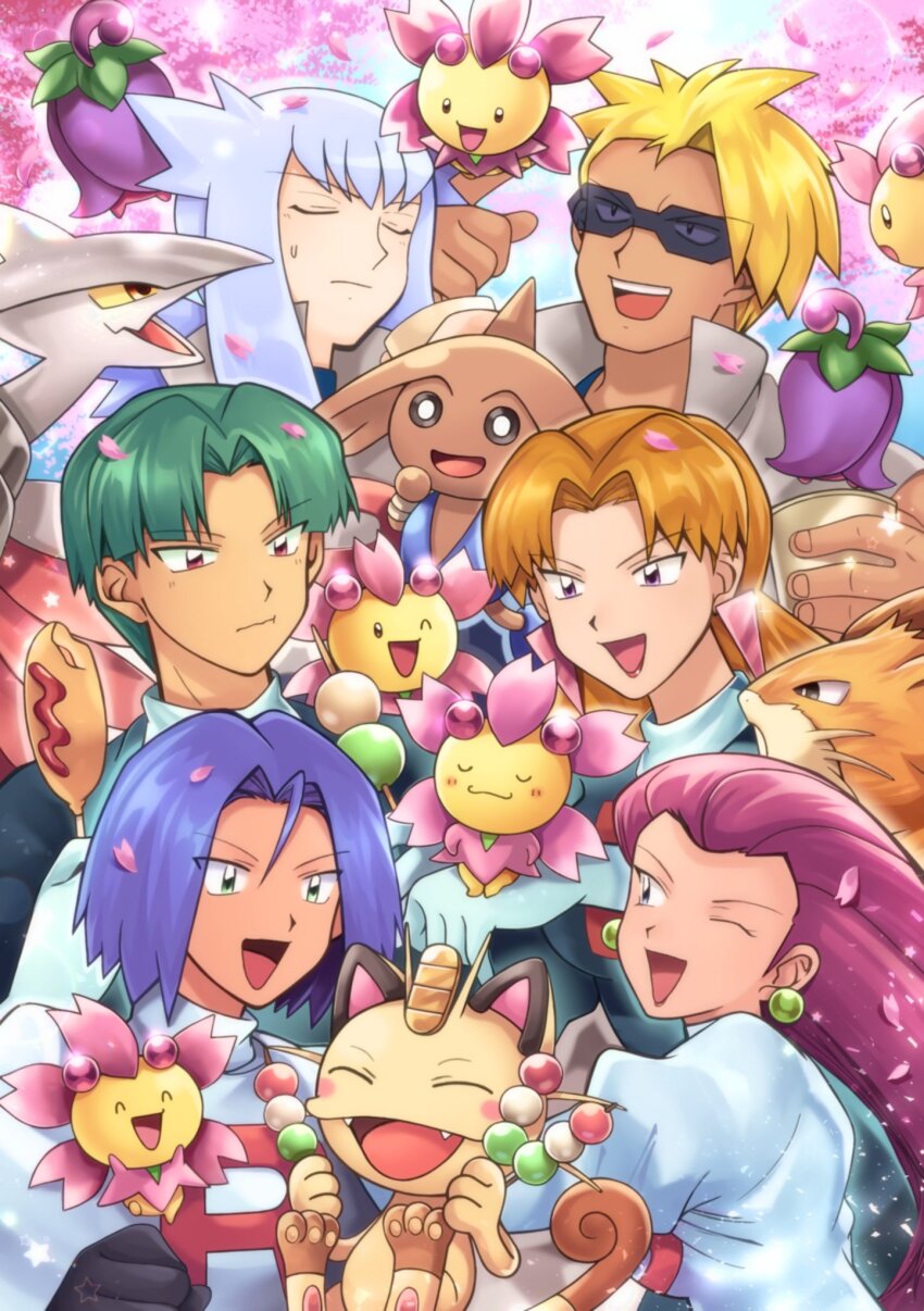 2girls 4boys attila_(pokemon) blonde_hair butch_(pokemon) cassidy_(pokemon) cherrim creatures_(company) game_freak gen_1_pokemon gen_2_pokemon gen_4_pokemon green_hair grey_hair happy highres hitmontop hun_(pokemon) james_(pokemon) jessie_(pokemon) meowth multiple_boys multiple_girls nintendo one_eye_closed open_mouth pink_hair pokemon pokemon_(anime) pokemon_(classic_anime) pokemon_(creature) purple_hair rattata team_rocket team_rocket_uniform torisan_377