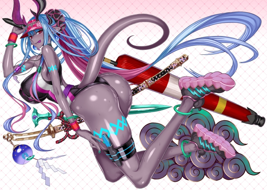 1girl aqua_nails ass black_horns body_markings breasts colored_skin colored_tongue dark-skinned_female dark_skin dragon_girl fate/grand_order fate_(series) full_body grey_skin highres honjou_raita horns huge_ass huge_breasts ibuki_douji_(fate) ibuki_douji_(swimsuit_berserker)_(fate) ibuki_douji_(swimsuit_berserker)_(first_ascension)_(fate) long_hair looking_back looking_to_the_side multicolored_horns multiple_horns nail_polish oil-paper_umbrella oni pink_horns pointy_ears purple_tongue shiny_skin shoes smile sneakers tail textless_version tongue tongue_out umbrella very_long_hair wet