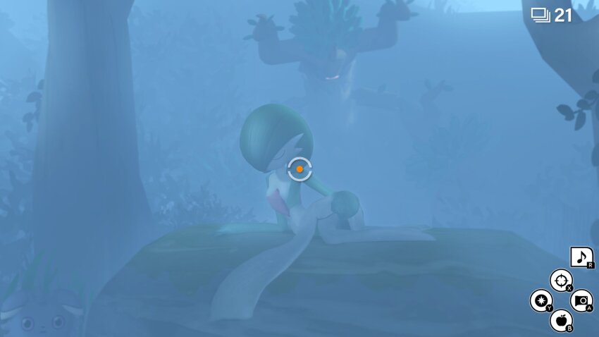 1girl 2others adjusting_dress arched_back bob_cut breasts camera_phone closed_eyes clothes_lift colored_skin dress dress_lift espurr facing_to_the_side fake_screenshot flashing fog forest gardevoir gen_3_pokemon gen_6_pokemon greatm8 green_hair hand_on_ground highres lying multicolored_skin multiple_others musical_note nature new_pokemon_snap nintendo on_rock on_side outdoors pokemon pokemon_(creature) pokemon_focus small_breasts tree trevenant two-tone_skin user_interface white_dress