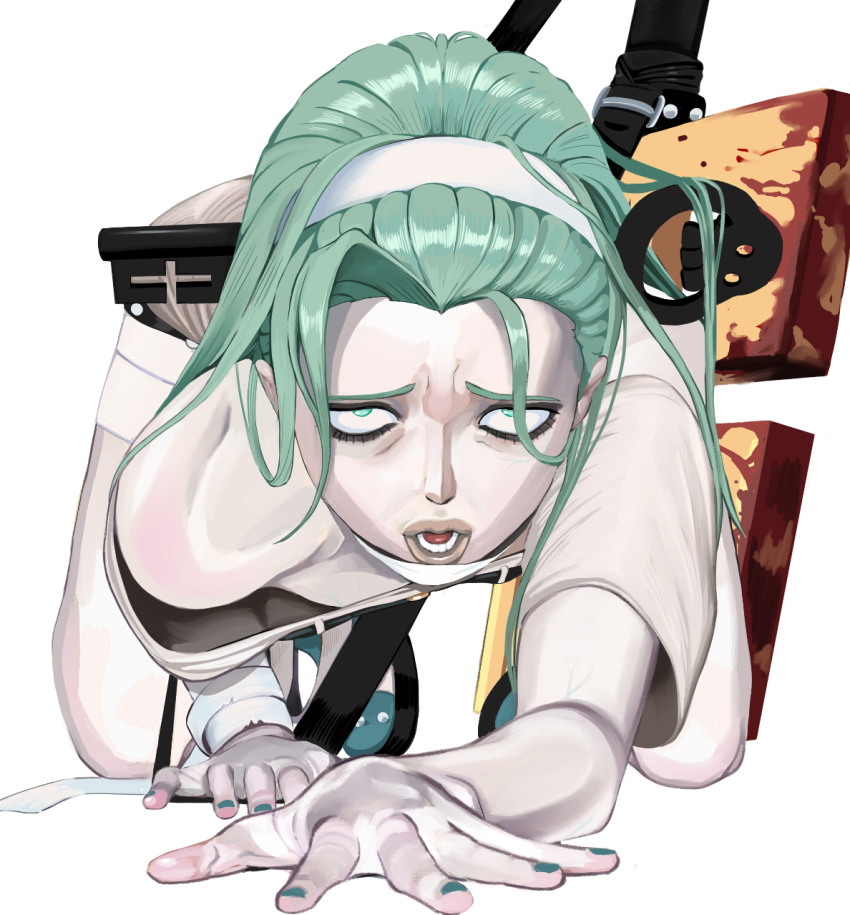 1girl a.b.a all_fours bags_under_eyes bandaged_arm bandaged_leg bandaged_neck bandages blood blue_shoes brown_skirt crawling forehead furrowed_brow green_eyes green_hair green_nails guilty_gear guilty_gear_strive headband highres key key_in_head long_hair looking_at_viewer object_through_head open_mouth pale_skin paracelsus_(guilty_gear) sanpaku shirt shoes short_sleeves skirt solo straight_hair tareme ushimooshi white_background white_headband white_shirt