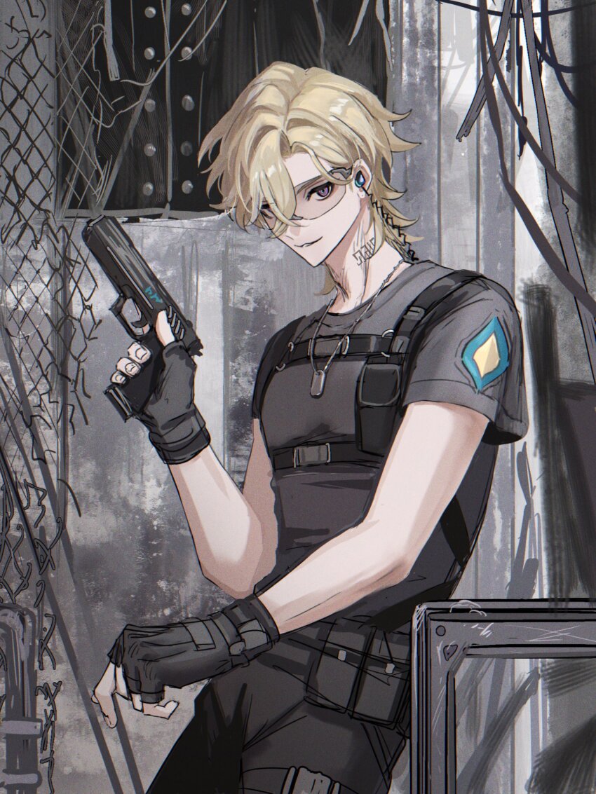 1boy aventurine_(bullseye)_(honkai:_star_rail) aventurine_(honkai:_star_rail) black_gloves black_pants black_shirt blonde_hair blue_eyes cable chain-link_fence chest_harness commentary_request crossed_bangs dog_tags earpiece fence fingerless_gloves gloves gun hair_between_eyes hand_up handgun harness highres holding holding_gun holding_weapon honkai:_star_rail honkai_(series) jewelry male_focus multicolored_eyes neck_tattoo necklace official_alternate_costume pants parted_bangs parted_lips purple_eyes safety_glasses shirt short_hair short_sleeves smile solo standing t-shirt tanemaki_monaka tattoo weapon