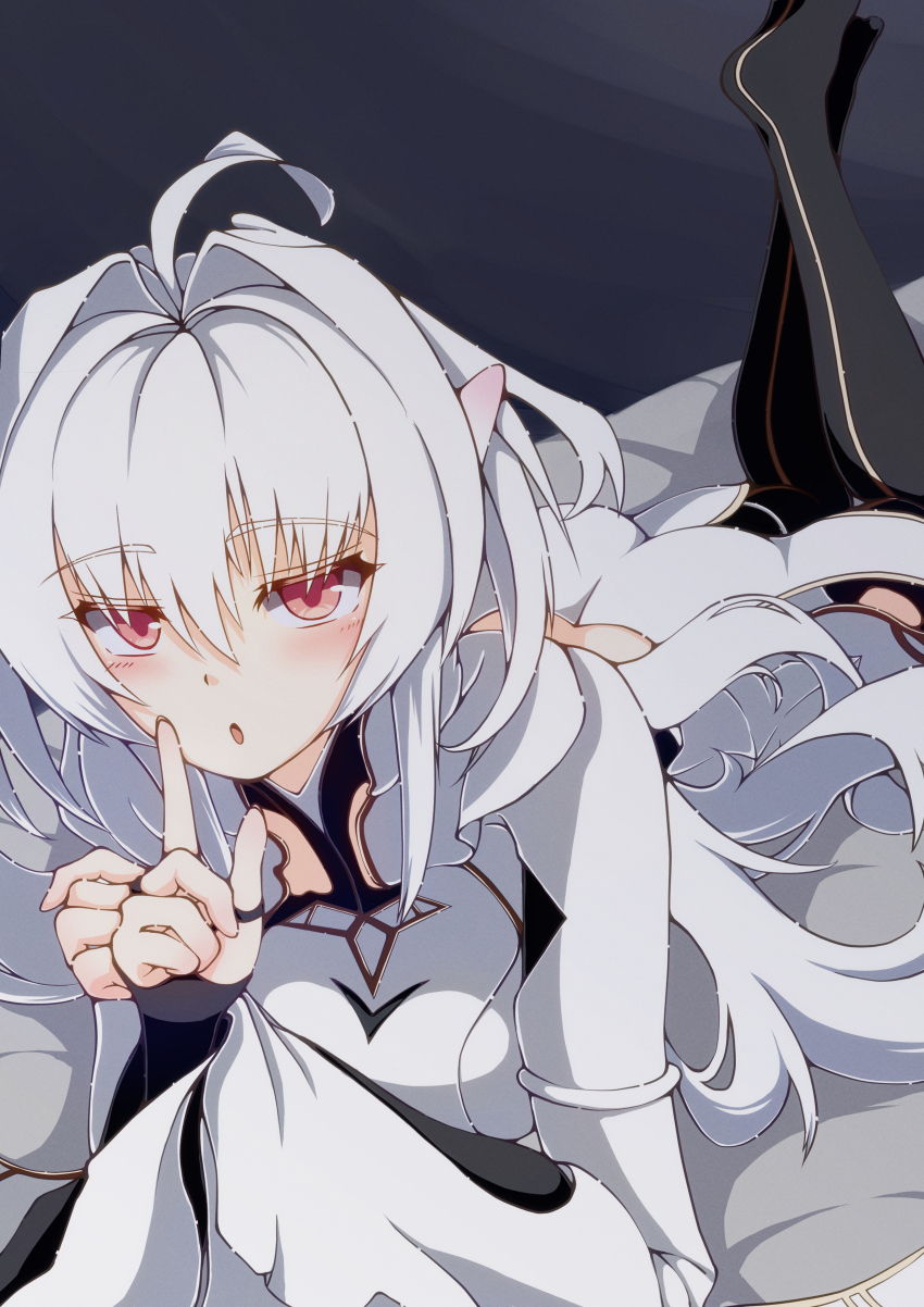 1girl absurdres ahoge ass black_thighhighs blush breasts fate/grand_order fate/prototype fate_(series) finger_to_mouth fingerless_gloves gloves highres index_finger_raised long_hair long_sleeves looking_at_viewer lying medium_breasts merlin_(fate/prototype) on_stomach peisuto pointy_ears red_eyes robe shushing solo thighhighs very_long_hair white_hair white_robe wide_sleeves