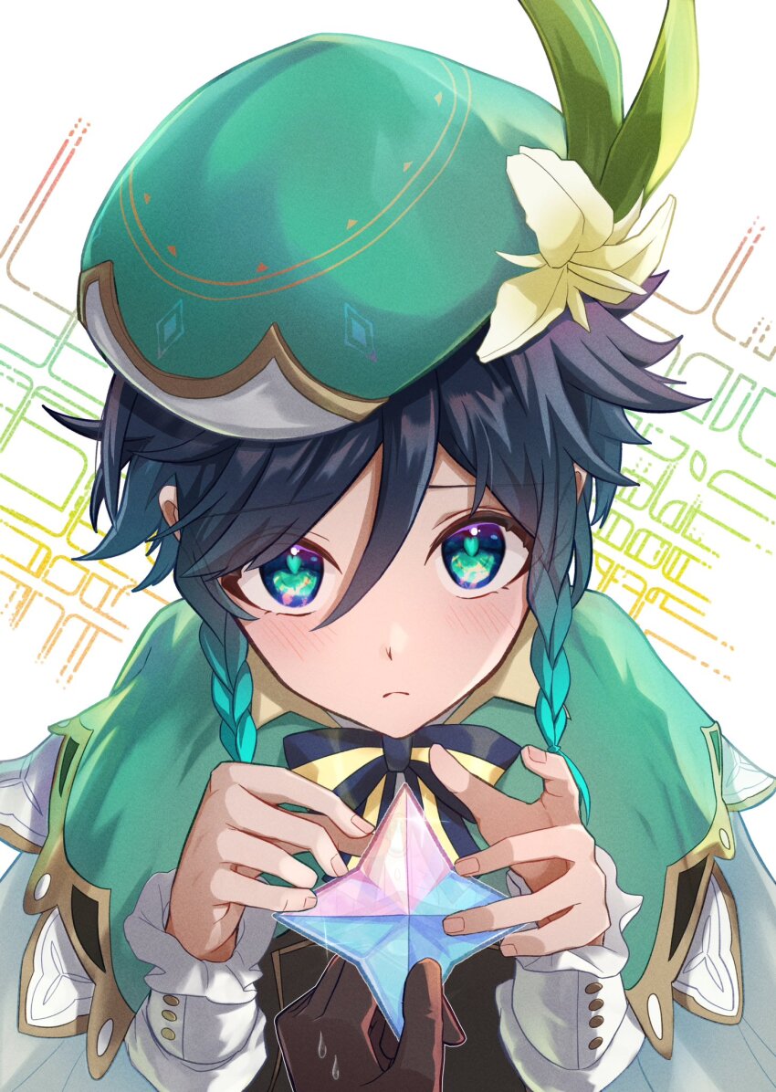 2boys aether_(genshin_impact) beret black_hair blue_hair braid cape cecilia_flower_(genshin_impact) collared_cape flower genshin_impact gradient_hair green_cape green_eyes green_hat hat hat_flower heart heart-shaped_pupils highres long_sleeves male_focus multicolored_hair multiple_boys primogem saigawa_genshin shirt short_hair_with_long_locks side_braids symbol-shaped_pupils twin_braids venti_(genshin_impact) white_background white_flower white_shirt white_sleeves