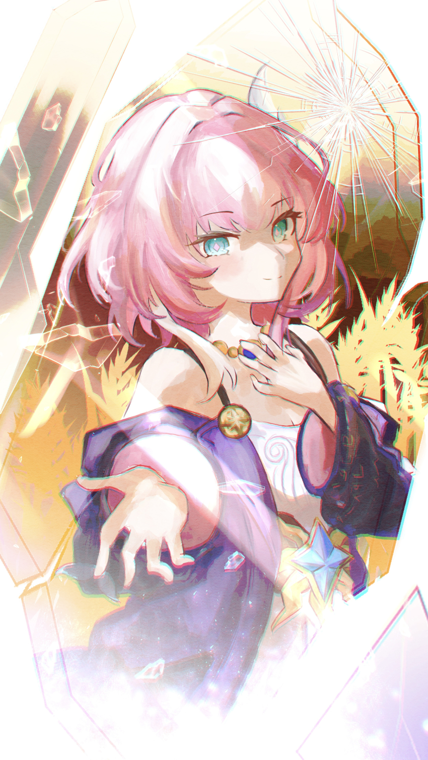 1girl absurdres blue_eyes breasts broken_glass coat commentary_request cyrene_(honkai:_star_rail) dress glass highres honkai:_star_rail honkai_(series) jewelry medium_hair multicolored_hair necklace okanda pink_hair purple_coat reaching reaching_towards_viewer small_breasts smile solo two-tone_hair wheat wheat_field white_dress white_hair