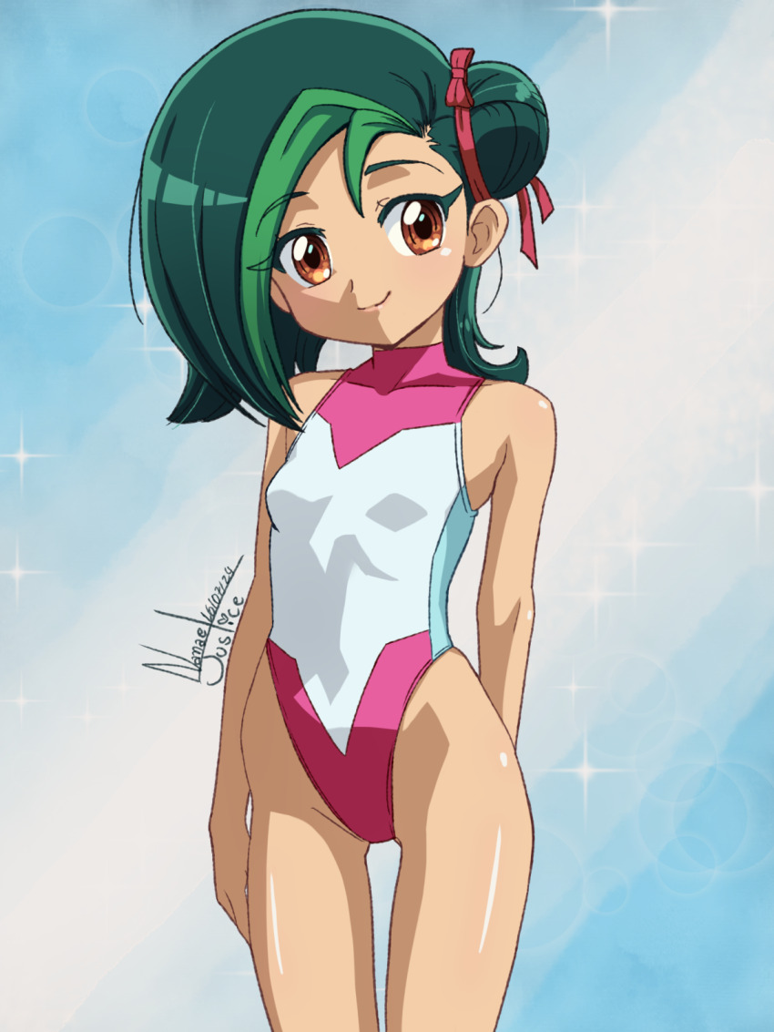 1girl blue_background breasts brown_eyes cowboy_shot colored_bangs gradient_background green_hair hair_bun highleg highleg_one-piece_swimsuit highres mizuki_kotori_(yu-gi-oh!) multicolored_hair nanaeljustice one-piece_swimsuit pink_one-piece_swimsuit signature single_hair_bun small_breasts smile solo standing swimsuit turtleneck two-tone_hair two-tone_swimsuit yu-gi-oh! yu-gi-oh!_zexal