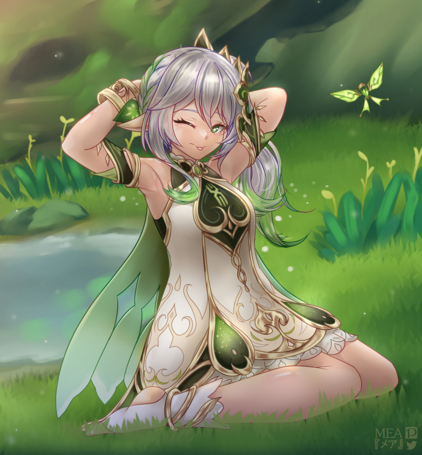 1girl ;p absurdres alternate_breast_size armpits arms_behind_head artist_name bare_shoulders bloomers bracelet breasts cape commentary crystalfly_(genshin_impact) day detached_sleeves dress from_side genshin_impact gold_trim gradient_hair grass green_cape green_eyes green_hair green_sleeves hair_between_eyes highres jewelry long_hair looking_at_viewer mea_(manami030) medium_breasts multicolored_hair nahida_(genshin_impact) on_grass one_eye_closed outdoors pixiv_logo side_ponytail sitting sleeveless sleeveless_dress solo star-shaped_pupils star_(symbol) stirrup_legwear symbol-shaped_pupils toeless_legwear tongue tongue_out twitter_logo underwear white_bloomers white_dress white_hair