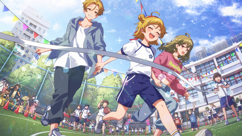 aged_down brother_and_sister building camera cloud earrings emblem faceless fence finish_line flag game_cg grass grin holding holding_hands ibuki_tsubasa ibuki_tsubasa&#039;s_brother ibuki_tsubasa&#039;s_sister idolmaster idolmaster_million_live! idolmaster_million_live!_theater_days jacket jewelry official_art open_mouth pants scavenger_hunt shirt siblings smile sports_festival t-shirt traffic_cone tree