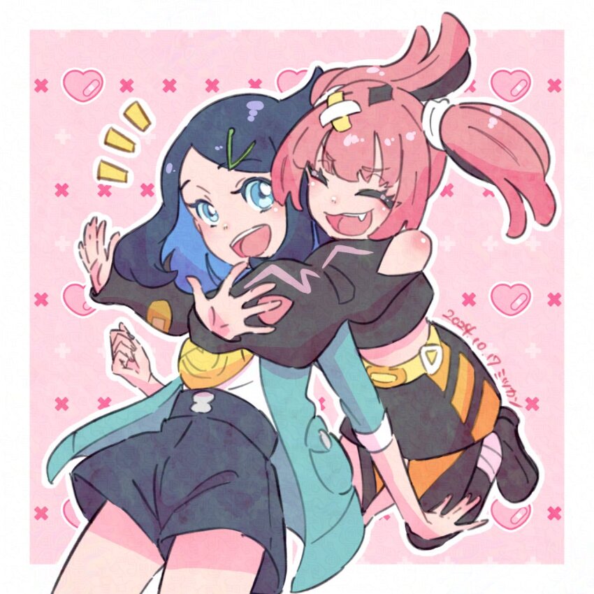 2girls :d bandaid bandaid_hair_ornament black_hair black_shirt black_skirt blue_eyes blue_hair blue_jacket catchmgck closed_eyes coral_(pokemon) cropped_shirt dated fang hair_ornament hairclip heart highres hug hug_from_behind jacket liko_(pokemon) long_sleeves midriff multicolored_hair multiple_girls nintendo open_clothes open_jacket open_mouth pink_hair pokemon pokemon_(anime) pokemon_horizons shirt shorts skirt smile teeth twintails two-tone_hair
