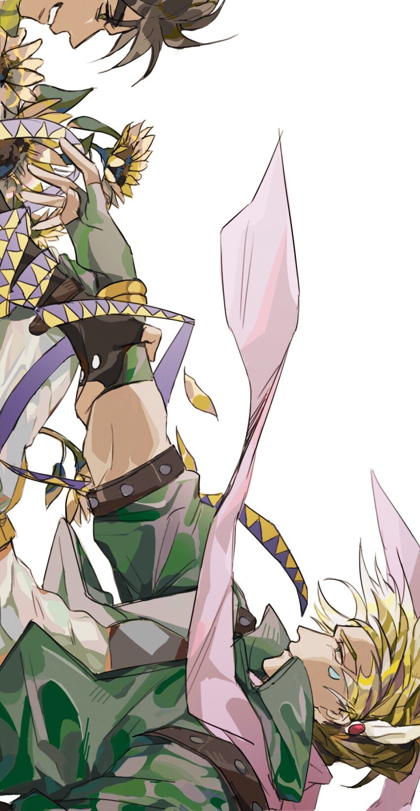 2boys battle_tendency blonde_hair brown_hair caesar_anthonio_zeppeli facial_mark feather_hair_ornament feathers fingerless_gloves flower gloves green_eyes green_scarf hair_ornament headband highres holding_another&#039;s_wrist jojo_no_kimyou_na_bouken joseph_joestar joseph_joestar_(young) male_focus multiple_boys outstretched_arm pink_scarf scarf sitting sunflower suzuri513 triangle_print