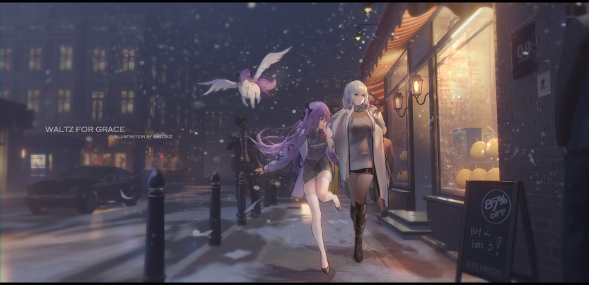 1boy 2girls :d alternate_costume animal artist_name azur_lane black_footwear black_shirt black_shorts black_skirt blue_eyes boots brown_legwear building cadillac cadillac_cts car english_text grey_sweater highres illustrious_(azur_lane) jacket knee_boots long_hair long_sleeves manjuu_(azur_lane) motor_vehicle multiple_girls night one_side_up open_clothes open_jacket open_mouth outdoors pantyhose pantyhose_under_shorts puffy_long_sleeves puffy_sleeves purple_eyes purple_hair purple_jacket shirt short_shorts shorts sign skirt smile snowing standing standing_on_one_leg stuffed_winged_unicorn swd3e2 sweater thighhighs turtleneck turtleneck_sweater unicorn_(azur_lane) very_long_hair wall_lamp white_hair white_legwear window