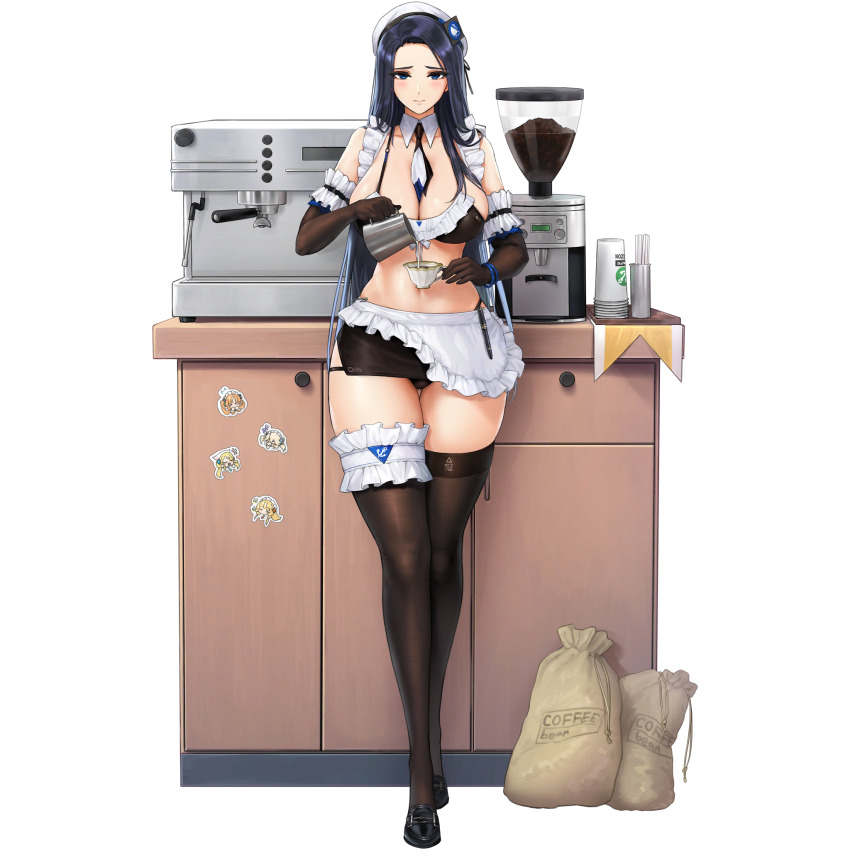 1girl apron between_breasts bikini black_bikini black_gloves black_shoes black_skirt blue_eyes blue_hair blush bracelet breasts cafe character_sticker coffee_bag coffee_beans coffee_grinder coffee_maker collar counter cup detached_collar disposable_cup elbow_gloves english_text frilled_apron frilled_gloves frilled_straps frills full_body game_cg gloves gluteal_fold half-skirt highres holding holding_cup invincible_dragon_(last_origin) jewelry large_breasts last_origin lips long_hair looking_at_viewer maid maid_bikini maid_cafe mel_(dodosae) microskirt milk multicolored_necktie navel necktie necktie_between_breasts nereid_(last_origin) o-ring o-ring_top official_alternate_costume official_art panties panty_peek pen pencil_skirt pouring sack safety_pin shoes side_slit sirene_(last_origin) skindentation skirt smile sticker stirring_rod string_bikini swimsuit tachi-e teacup thetis_(last_origin) thigh_strap thighhighs transparent_background unconventional_maid underwear undine_(last_origin) white_apron white_collar