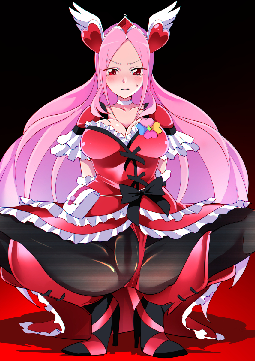 1girl absurdres black_pantyhose blush boots breasts choker closed_mouth clothing_aside clover_brooch commentary_request commission covered_pussy cure_passion dress fresh_precure! frilled_dress frills frown hair_ornament heart heart_hair_ornament higashi_setsuna high_heel_boots high_heels highres knee_boots large_breasts long_hair looking_at_viewer magical_girl medium_dress mitsuki_tayura panties panties_aside panties_over_pantyhose pantyhose partial_commentary pink_hair pixiv_commission precure red_boots red_dress red_eyes red_panties shadow solo spread_legs squatting sweatdrop underwear very_long_hair white_choker wing_hair_ornament
