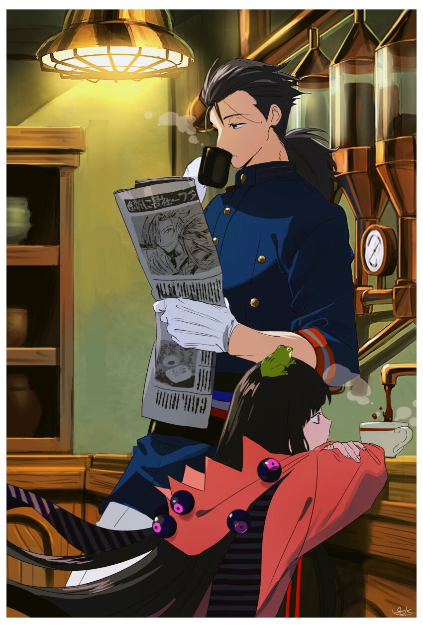 1boy 1girl animal animal_on_head black_eyes black_hair black_scarf blue_jacket blunt_bangs border coffee coffee_maker commentary cup drinking expressionless fate/grand_order fate_(series) feet_out_of_frame frog gloves hair_slicked_back hanging_light highres holding holding_cup holding_newspaper hood hood_down hoodie indoors jacket leaning_back long_hair looking_at_object low_ponytail newspaper on_head oryou_(fate) oryou_(lancer)_(fate) pants pirohi_(pirohi214) ponytail pouring reading red_eyes red_hoodie sakamoto_ryouma_(fate) sakamoto_ryouma_(lancer)_(fate) scarf shelf slice_of_life symbol-only_commentary takasugi_shinsaku_(fate) three-quarter_sleeves upper_body white_border white_gloves white_pants