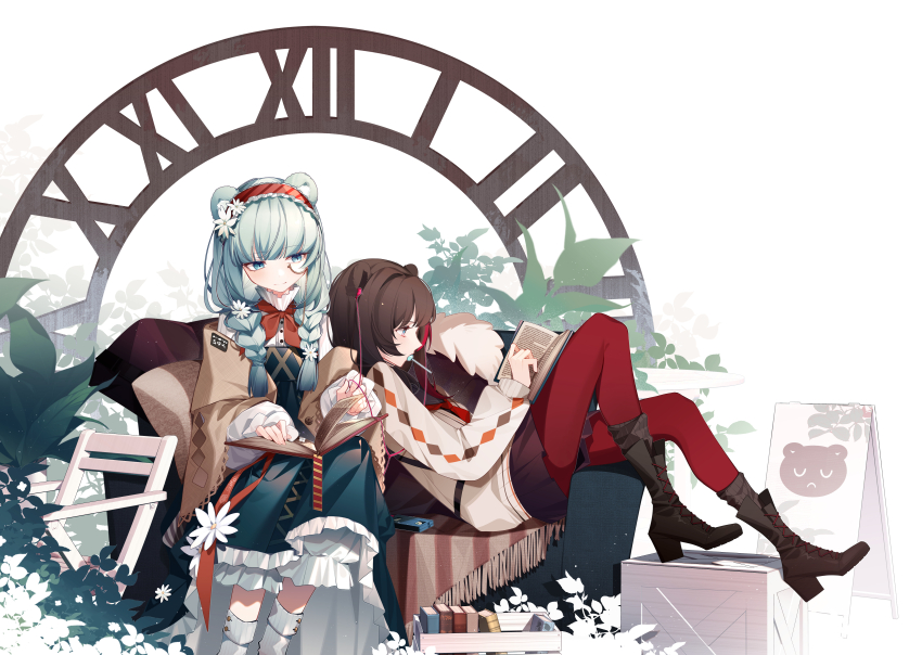 2girls absurdres aqua_hair argyle_cardigan argyle_clothes arknights black_footwear black_skirt bloomers blue_dress blue_eyes book boots braid brown_hair candy cardigan chair closed_mouth couch crate dress duyue_moritz earphones feet_out_of_frame flower folding_chair food food_in_mouth hair_flower hair_ornament hairband highres istina_(arknights) istina_(bibliosmia)_(arknights) knee_boots leaning_back leaning_on_person lollipop long_hair long_sleeves miniskirt monocle multicolored_hair multiple_girls neck_ribbon neckerchief official_alternate_costume on_couch open_book pantyhose reading red_hair red_hairband red_neckerchief red_pantyhose red_ribbon ribbon roman_numeral school_uniform simple_background sitting skirt smile socks streaked_hair striped_clothes striped_hairband twin_braids two-tone_hair underwear white_background white_cardigan white_flower white_socks zima_(arknights)