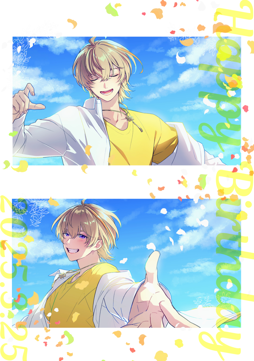 1boy :d ahoge blonde_hair blue_sky blush closed_eyes cloud collared_shirt commentary_request dated day falling_petals fura_kanato grin hair_between_eyes hand_up happy_birthday highres jewelry long_sleeves looking_at_viewer male_focus mapogeso multicolored_hair multiple_views necklace nijisanji off_shoulder open_clothes open_mouth open_shirt orange_hair outstretched_arm outstretched_hand petals purple_eyes shirt short_hair sky smile streaked_hair teeth u_u upper_body virtual_youtuber white_background white_shirt yellow_shirt