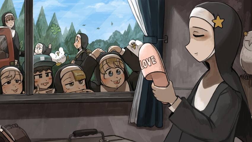 6+girls bird black_hair blonde_hair blue_eyes brown_hair chicken closed_eyes clumsy_nun_(diva) commentary diva_(hyxpk) duck english_commentary eyelashes froggy_nun_(diva) grey_hair highres holding_slippers la_chancla little_nuns_(diva) motor_vehicle multiple_girls nun owl slippers spicy_nun_(diva) star_nun_(diva) star_ornament tongue tongue_out traditional_nun tree van yellow_eyes