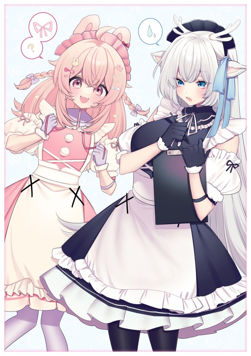 2girls ? ahoge alternate_costume animal_ears antlers apron arm_garter black_dress black_pantyhose blue_bow blue_eyes blue_ribbon bow braid clipboard deer_ears deer_girl dress enmaided frilled_apron frilled_dress frills gloves grey_hair hair_bow hair_ornament hair_ribbon hakushika_iori heart heart_hair_ornament highres holding holding_clipboard holding_pencil horns maid maid_headdress multiple_girls open_mouth pantyhose pencil phase_connect pink_bow pink_dress pink_eyes pink_hair pink_ribbon pipkin_pippa purple_bow purple_gloves purple_pantyhose rabbit_ears rabbit_girl rabbit_hair_ornament ribbon rrk_oekaki second-party_source speech_bubble spoken_question_mark spoken_sweatdrop star_(symbol) star_hair_ornament sweatdrop two-tone_dress virtual_youtuber white_apron white_dress