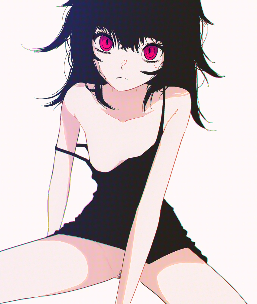 1girl black_dress black_hair dress expressionless hiding_the_pussy highres lena_miaou looking_at_viewer medium_hair messy_hair niku_(lena_miaou) on_floor original pubic_hair red_eyes spread_legs