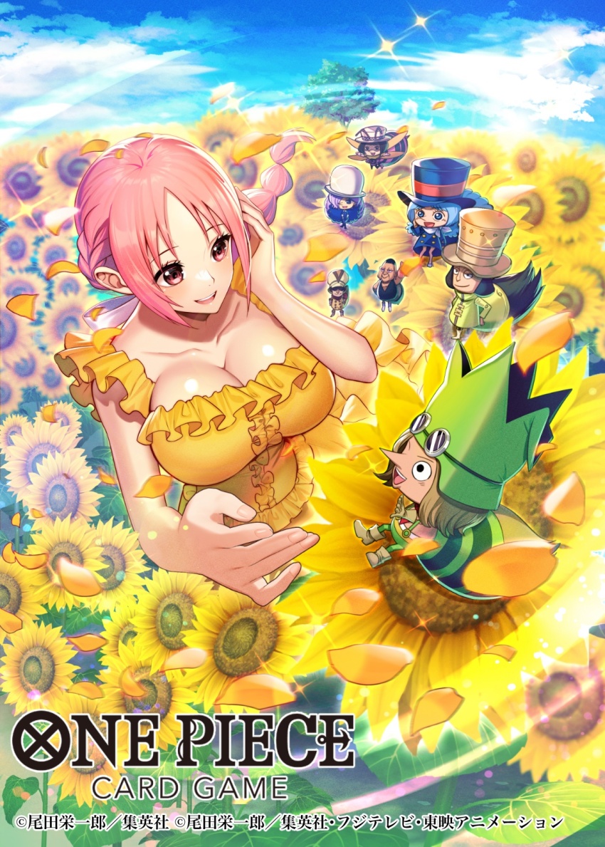 4boys 4girls 5koji arthropod_girl bandai blan_(one_piece) blonde_hair blue_hair blue_sky bomba_(one_piece) braid breasts breasts_squeezed_together brown_eyes cleavage copyright_name cotton_(one_piece) dress field floating_hair flower flower_field gloves happy hat highres inhel_(one_piece) insect_wings large_breasts long_hair looking_at_viewer mansherry_(one_piece) multiple_boys multiple_girls official_art one_piece pink_eyes pink_hair pirate_hat rambo_(one_piece) rebecca_(one_piece) shiny_skin single_braid skirt sky smile standing sunflower tail tree wicca wide_hips wings