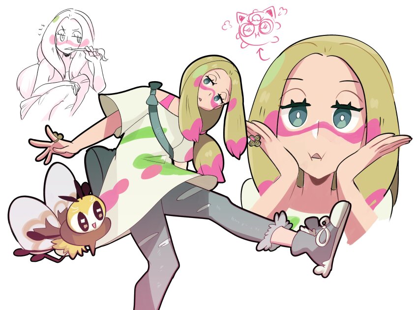 1girl absurdres backpack bag blonde_hair blue_eyes capri_pants denim gen_1_pokemon gen_7_pokemon half-closed_eyes hands_on_own_cheeks hands_on_own_face head_tilt highres holding holding_paintbrush jeans jewelry jigglypuff long_hair looking_at_viewer mina_(pokemon) missandydandy multiple_views nintendo object_in_mouth open_mouth paint_splatter paint_splatter_on_face paintbrush pants pokemon pokemon_sm ponytail ribombee ring shirt shoes sneakers t-shirt torn_clothes torn_jeans torn_pants triangle_mouth white_background