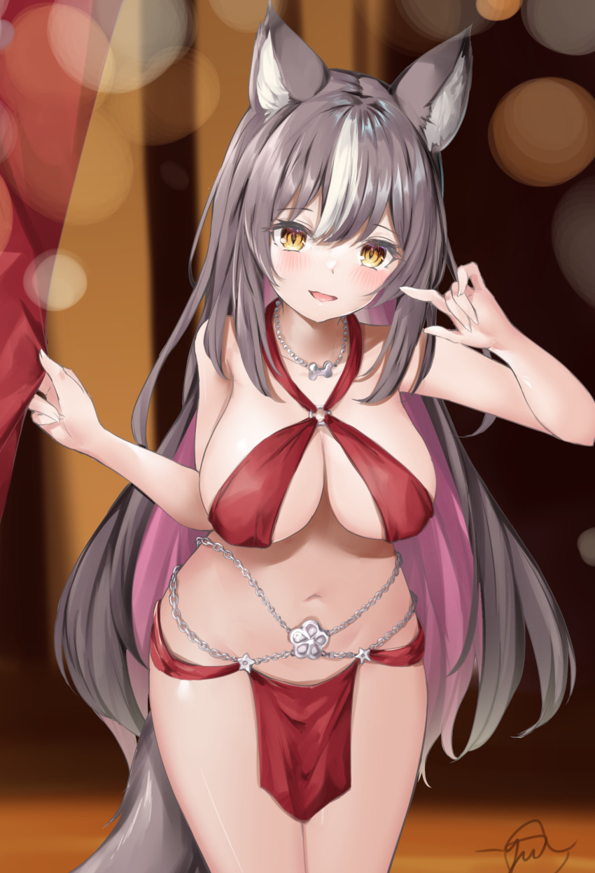 1girl animal_ears bikini breasts brown_hair cartoon_bone chisaka_airi collarbone colored_inner_hair dancer highres ichiyo_tsuyu_(glacia_glagla) jewelry long_hair multicolored_hair navel necklace o-ring open_mouth pelvic_curtain phase_connect pink_hair red_bikini sling_bikini_top solo swimsuit tail virtual_youtuber white_hair wolf_ears wolf_girl wolf_tail yellow_eyes