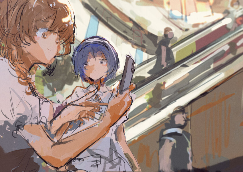 2girls black_hairband blue_eyes blue_hair blurry blurry_background blush brown_eyes brown_hair cellphone cevio closed_mouth collared_shirt commentary_request dress escalator hairband highres holding holding_phone indoors kabuyama_kaigi long_hair looking_at_another looking_at_phone mall multiple_girls people phone puffy_short_sleeves puffy_sleeves satou_sasara shirt short_hair short_sleeves smartphone smile suzuki_tsudumi taking_picture upper_body white_dress white_shirt