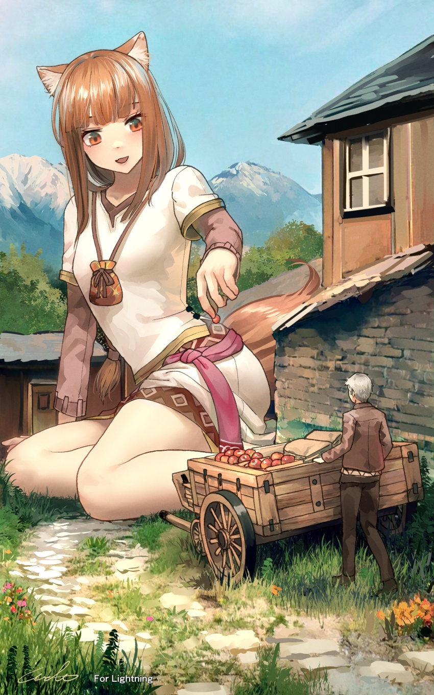 1boy 1girl absurdres animal_ears arm_support blush breasts brown_eyes brown_hair cart commission craft_lawrence day food fox_ears fox_tail fruit giant giantess grey_hair highres holding holding_food holding_fruit holo long_hair looking_at_another medium_breasts open_mouth outdoors rural sitting size_difference skeb_commission spice_and_wolf tail thighs welt_(kinsei_koutenkyoku)