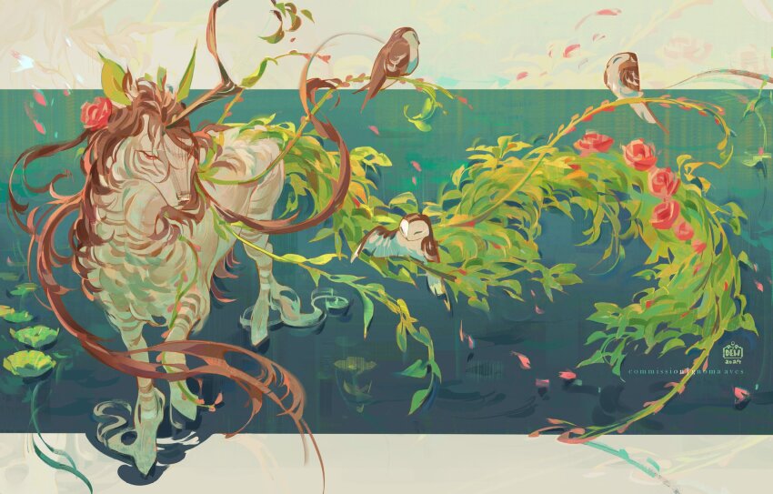 animal animal_focus barn_owl bird branch brown_hair commentary commission creature creature_focus dewfrog english_text flower full_body highres hooves leaf no_humans original owl rose sparkle standing symbol-only_commentary tail unicorn water watermark zebra