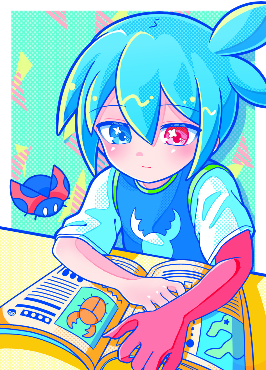 1boy against_table antenna_hair arm_rest asymmetrical_arms blue_eyes blue_hair blue_shirt book border bug closed_mouth double-parted_bangs drop_shadow green_background hair_between_eyes halftone halftone_background heterochromia highres holding holding_book insect ladybug male_focus no_nose oataruu outside_border oversized_limbs print_shirt puyopuyo puyopuyo_20th_anniversary reading red_eyes shirt short_hair short_sleeves sig_(puyopuyo) sitting solo table triangle_background upper_body white_border white_sleeves