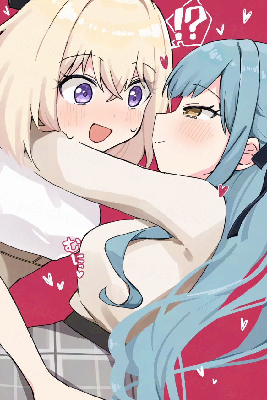 !? 2girls bang_dream! bang_dream!_it&#039;s_mygo!!!!! black_ribbon blonde_hair blue_hair blush closed_mouth commentary_request grey_skirt hair_ribbon heart highres kio_(bangskosko) long_sleeves medium_hair misumi_uika multiple_girls open_mouth pleated_skirt purple_eyes ribbon shirt skirt smile spoken_interrobang togawa_sakiko two_side_up white_shirt yellow_eyes yellow_shirt yuri