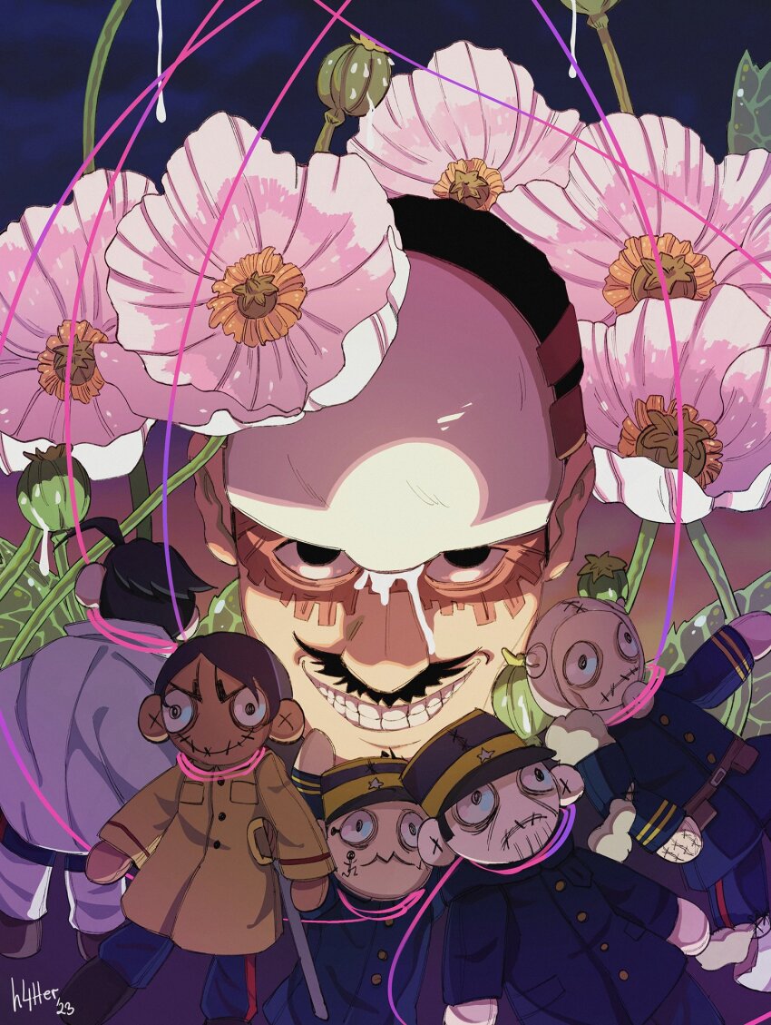 6+boys artist_name black_eyes black_hair blue_background buttons commentary doll dripping english_commentary facial_hair flower forehead_protector goatee golden_kamuy h4tter hair_slicked_back hat highres imperial_japanese_army kepi koito_otonoshin looking_at_viewer military_hat multiple_boys mustache nikaidou_kouhei ogata_hyakunosuke opium papaver_(flower) poppy_(flower) portrait scar scar_on_face short_hair stitched_mouth stitches string tsukishima_hajime tsurumi_tokushirou usami_tokishige very_short_hair