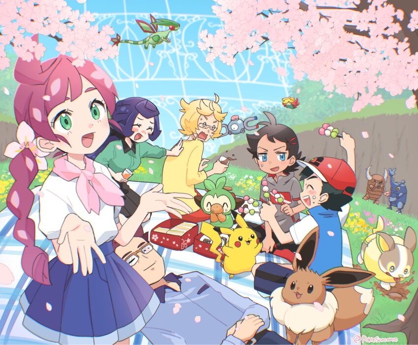 2girls 4boys :d arm_up ash_ketchum black_pants blonde_hair blue_vest blush braid braided_ponytail professor_cerise chloe_(pokemon) chrysa_(pokemon) commentary_request eevee eyelashes falling_petals flower flygon food gen_1_pokemon gen_2_pokemon gen_3_pokemon gen_8_pokemon glasses goh_(pokemon) gossifleur grass green_eyes grey_shirt grookey hair_flower hair_ornament hat heracross highres holding magnemite multiple_boys multiple_girls neckerchief nintendo onigiri open_mouth pants petals pikachu pink_flower pink_neckerchief pinsir pleated_skirt pokemon pokemon_(anime) pokemon_(creature) pokemon_journeys pokesumomo red_hat red_socks ren_(pokemon) sandwich shirt short_sleeves shorts sitting skirt smile socks t-shirt tree vest white_shirt yamper