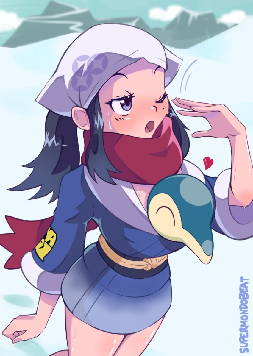 1girl akari_(pokemon) artist_name black_eyes black_hair cyndaquil fanning_self galaxy_expedition_team_survey_corps_uniform gen_2_pokemon headscarf highres japanese_clothes nintendo one_eye_closed open_mouth outdoors pokemon pokemon_(creature) pokemon_legends:_arceus red_scarf scarf snow supermondobeat white_headscarf