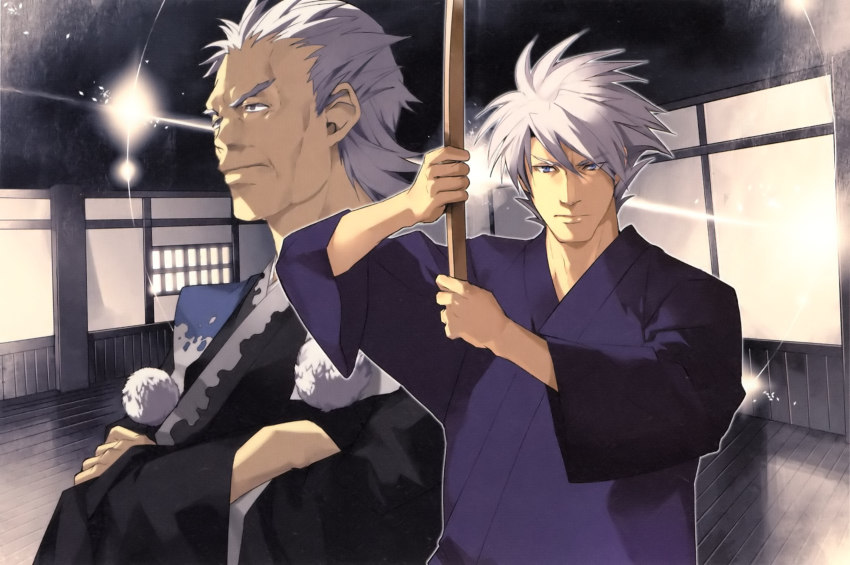 2boys banpresto bokken crossed_arms dojo fighting_stance grey_eyes highres japanese_clothes male_focus multiple_boys old rishu_tougou samurai sanger_zonvolt short_hair silver_hair spiked_hair super_robot_wars super_robot_wars_original_generation sword weapon wooden_sword yuikawa_kazuno