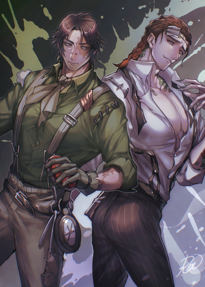 2boys absurdres belt black_nails blue_background braid brown_hair brown_pants burn_scar closed_mouth collared_shirt compass cowboy_shot face_piercing fang fingernails green_background green_scales green_shirt hand_up highres identity_v large_pectorals looking_at_another looking_at_viewer looking_back luchino_diruse male_focus mtkg_05 multicolored_background multiple_boys norton_campbell nose_piercing open_clothes pants pectorals piercing reptile_boy scales scar sharp_fingernails shirt short_hair skin_fang standing stitches striped_clothes striped_pants stuffing suspenders toned toned_male white_shirt yellow_eyes