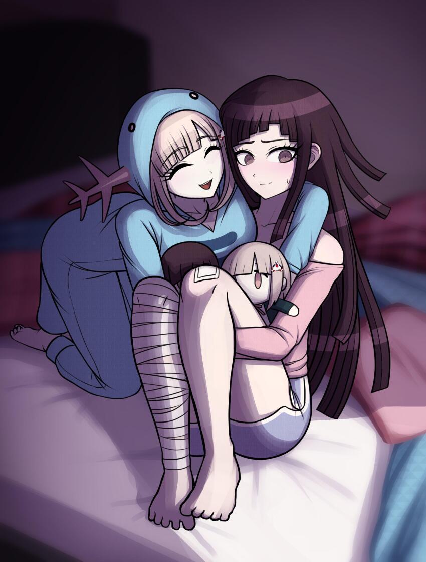 2girls absurdres all_fours bandage_on_leg bandaged_leg bandages bandaid barefoot bed bed_sheet bedroom bow breasts closed_eyes closed_mouth collarbone danganronpa_(series) danganronpa_2:_goodbye_despair eyebrows eyelashes feet female_focus fulltimeangel13 galaga galaga_hair_ornament gen_2_pokemon green_jacket highres holding holding_stuffed_toy hug indoors jacket knees_up large_breasts multiple_girls nanami_chiaki neck_ribbon nintendo onesie open_mouth pajamas pillow pink_bow pink_eyes pink_ribbon pokemon pokemon_(creature) purple_eyes purple_hair ribbon sitting sleepover smile stuffed_toy sweat sweatdrop teeth toes tsumiki_mikan upper_teeth_only wooper yuri