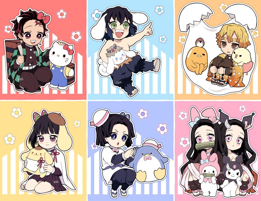 3boys 4girls absurdres agatsuma_zenitsu animal_ears bamboo black_hair blonde_hair blue_eyes blue_hair boar_mask bow breasts brown_eyes butterfly_hair_ornament cape chuntarou_(kimetsu_no_yaiba) cinnamoroll demon demon_horns demon_slayer_uniform earrings egg egg_(food) food forehead fuwa_fuwa_cinnamoroll green_eyes gudetama hair_bow hair_ornament hair_ribbon haori hashibira_inosuke hello_kitty hello_kitty_(character) highres horns japanese_clothes jewelry kamado_nezuko kamado_tanjirou kanzaki_aoi_(kimetsu_no_yaiba) kimetsu_no_yaiba kimono kuromi long_hair long_sleeves multicolored_hair multiple_boys multiple_girls my_melody onegai_my_melody open_mouth pants pink_eyes pink_kimono pink_ribbon pompompurin pori_(kmt_pori) purple_eyes red_eyes red_hair ribbon sanrio scar scar_on_face scar_on_forehead short_hair side_ponytail small_breasts smile topless_male tsuyuri_kanao tuxedo_sam very_long_hair white_cape